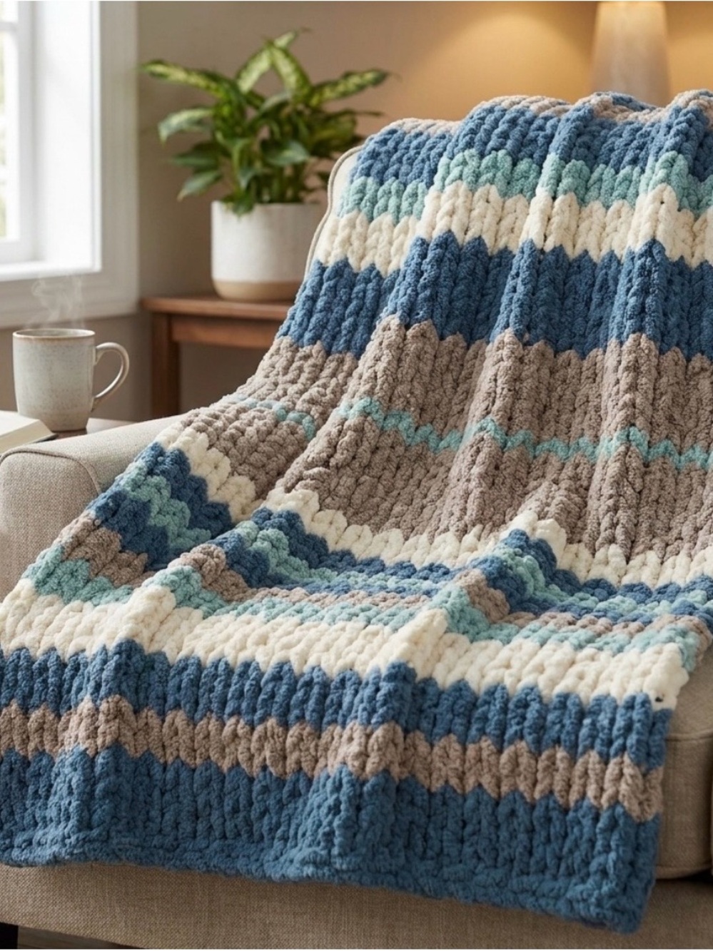 Chunky Knit Striped Throw Blanket in Blue, Cream & Taupe.
